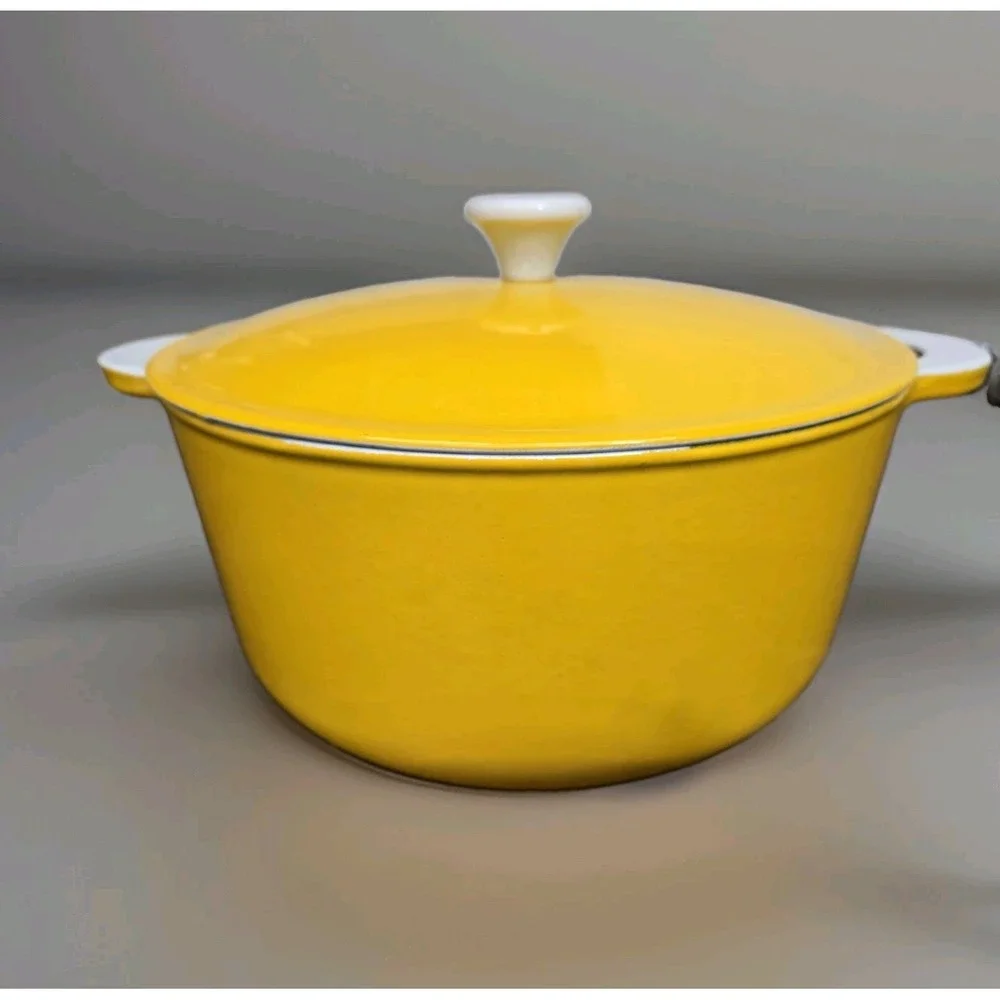 Vintage Finesse Yellow Enamel Dutch Oven w/ Lid Made in Japan MCM Stock Pot